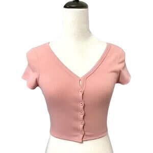 Better Be Crop Sweater Top Ribbed Knit Button-Down Short Sleeve Taupe Pink W S
